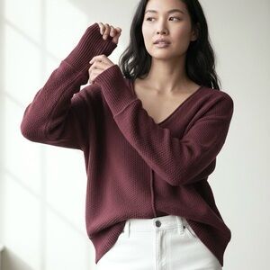 Lucky Brand knit Sweater Textured V-Neck Long Sleeve Pullover Ribbed Stretch